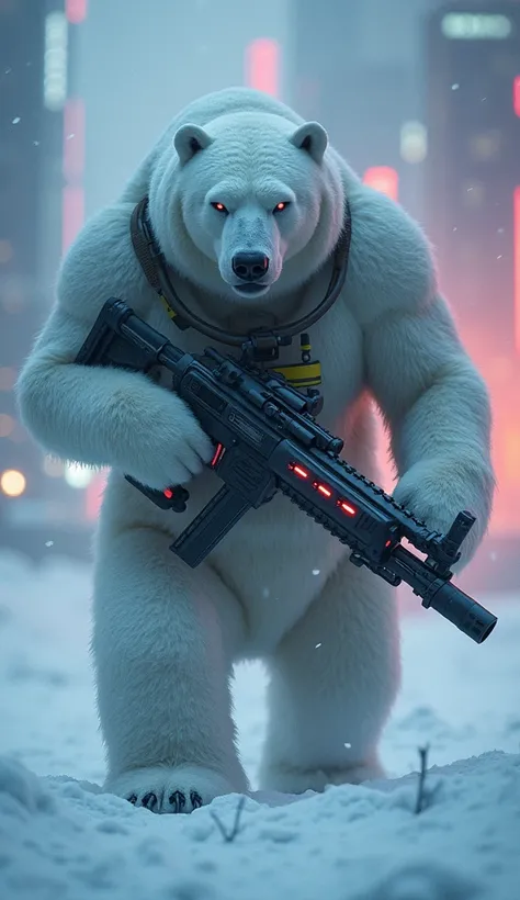 humanoid polar bear, with cyberpunk ,  walking and aiming with a futuristic machine gun. night. Cold. neve.  blurry cyberpunk style background 