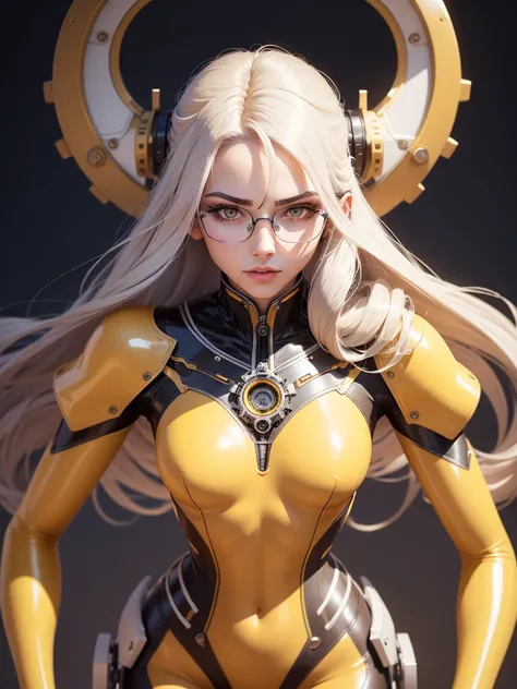 feminine　mechanical body　wear glasses　The fund is a laboratory, Ultra HD, retina,  masterpiece, Necessary,   anatomically correct,  textured skin , Super detail, tall details,  High quality, awarded,  Better quality, highres, white and yellow latex.