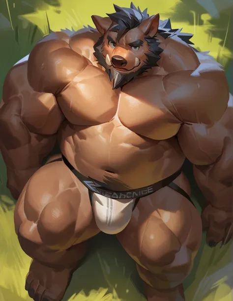 lindong, solo, 1boy, Muscular furry (boar:1.3, tusk), beards, wide shoulder, thick arms, (chubby, belly), height view, wide pectoral, massive muscle, (lying in meadow), tree, detailed eyes, jockstrap, focus eyes, sweat, shirtless, masterpiece, semirealisti...