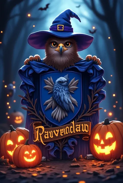 Create an image of the Ravenclaw emblem from Hogwarts with a Halloween theme, in anime style. The emblem should feature elements like glowing pumpkins, ghostly wisps, and bats surrounding the crest. Replace the eagle with a more playful or mischievous vers...