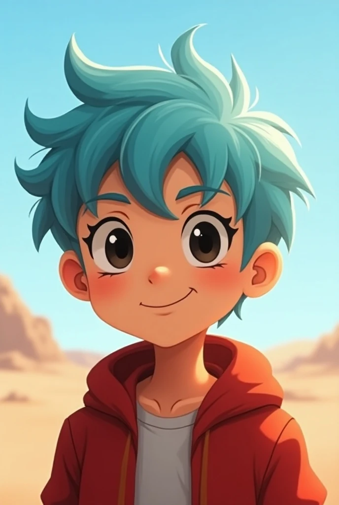 hair to the left ,light cyan hair, happy, black eyes, young boy, red clothes, smirk, background horison salt desert, atletic fizic, teen, happy, black eyes, corte degradé para a direita, midle age, one character only, natural background, blue palet colors