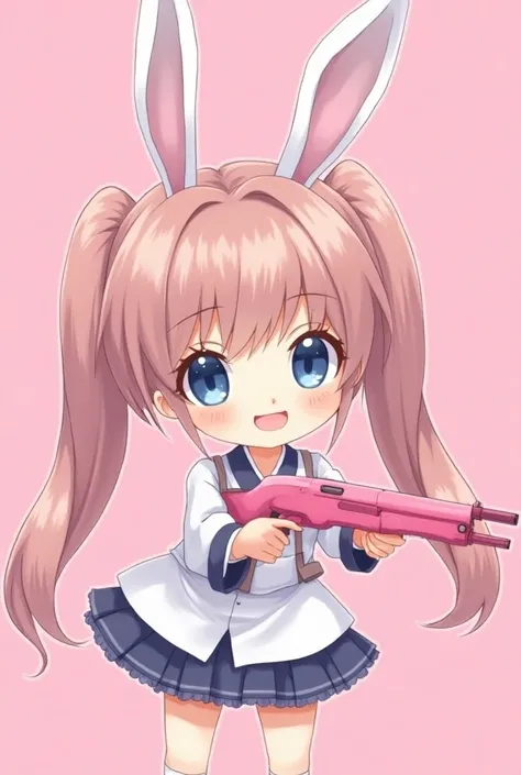 (masterpiece,   cute rifle  ,   pink weapon  、Korea JK ,      Long half twin  ,   pinkish brown hair   , Big Eyes,   , (       pink background       ),Korean Style,Illustrated style、bunny ears、Mio , upper body,Young lady,Light blue eyes
