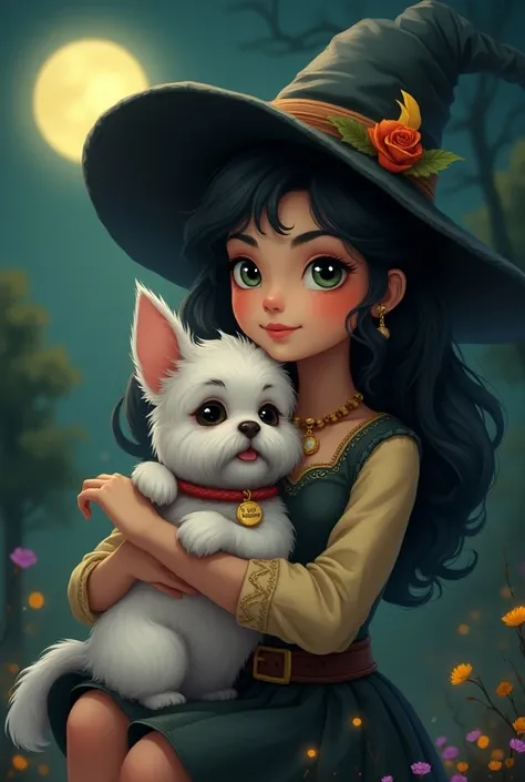 A young and beautiful white-skinned woman with long wavy black and green eyes wearing a witchs dress and hat with a happy moon necklace embraced with her white tricolor shitzu with light beige ears with a witchs hat and a collar with a moon pendant in a ni...