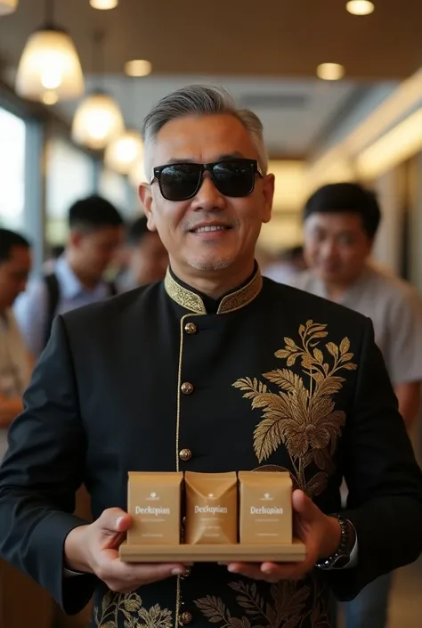 ( full body)"Hyper realistic", natural (clean face)"ultra hd",details,rindering cinematic movie.
An Indonesian coffee marketing man, aged s 35 year,("Thin grey") side part hair cut ,wearing black /gold(Batik formal Clohtes),"gucci sun glasses".
(is offerin...