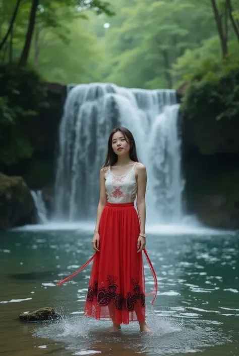 full shot of a beautiful Korea woman with a cute face, a red skirt with a black motif, at a waterfall on the side of the forest while playing in the water, full HD photo, clear contrast, realistic UHD26K, very real face to the front