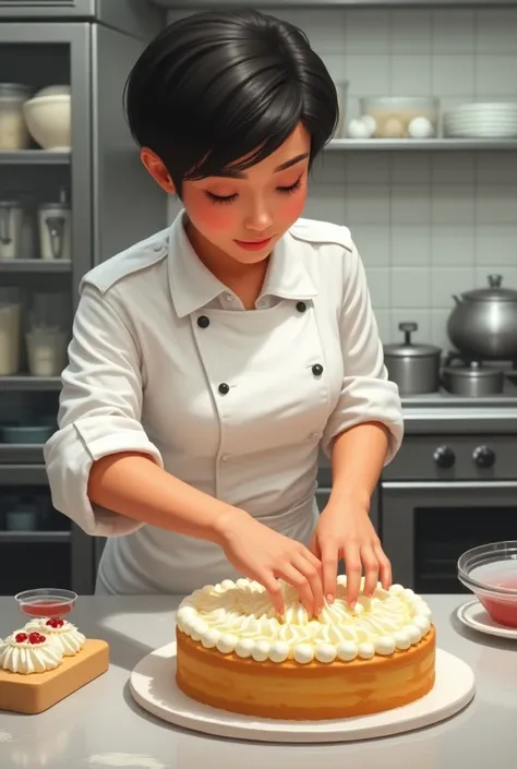 A chef with not so long black hair and dark skin smoothing a cake in a pastry kitchen