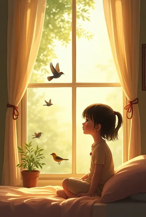 Make a photo of a  girl watching birds from her window.