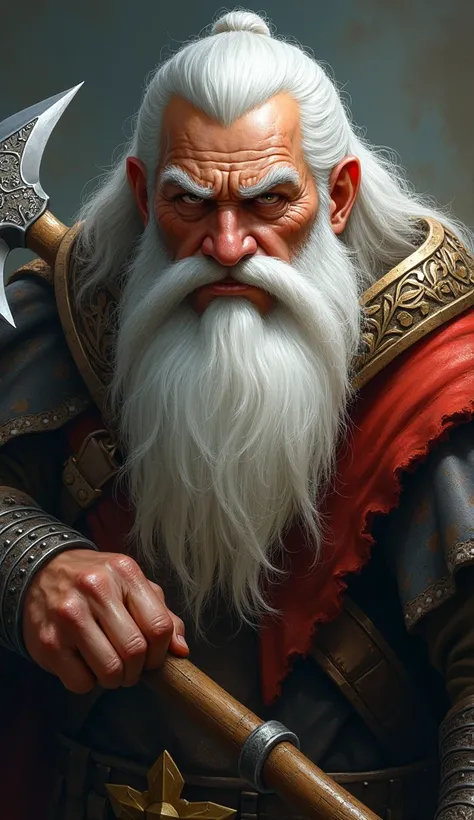  a close-up of a person with a long beard and a long beard holding an axe, dwarf cleric, dnd dwarf, fantasy beardless dwarf cleric, dwarven, dwarf, fierce bearded dwarf, “dnd dwarf, gimli, portrait of a dwarf warrior,  gray hair , norse warrior,  barbarian...