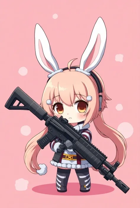 (masterpiece,   cute assault rifle in your hands, pink gun ,Kindergarteners ,      in your hands、Long half twin  ,  pinkish brown hair  , Big Eyes,   , (      pink background      ),       upper body,Korean Style,Illustrated style、bunny ears
