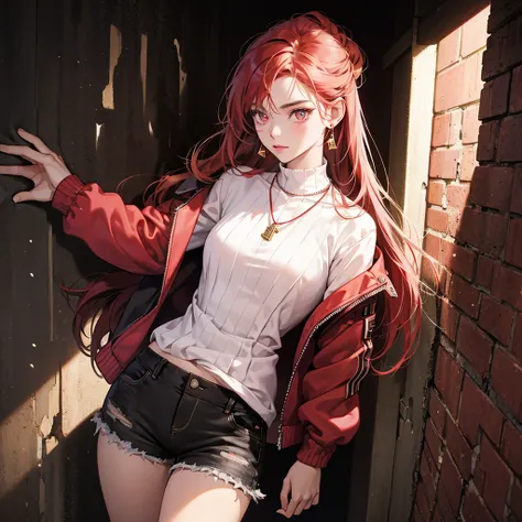 (masterpiece, best quality, 1 girl, solo, intricate details, chromatic aberration), realistic, ((medium breath)),long hair, red hair, red decoration on the head, pink highlights, amber eyes, earrings, sharp eyes, necklace, neon shirt, ripped shorts, unbutt...