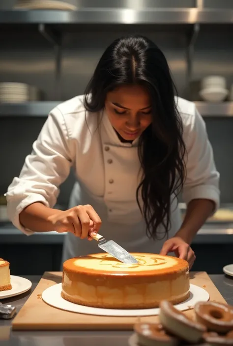 A chef with long black hair and dark skin smoothing a cake with a spatula in a pastry kitchen