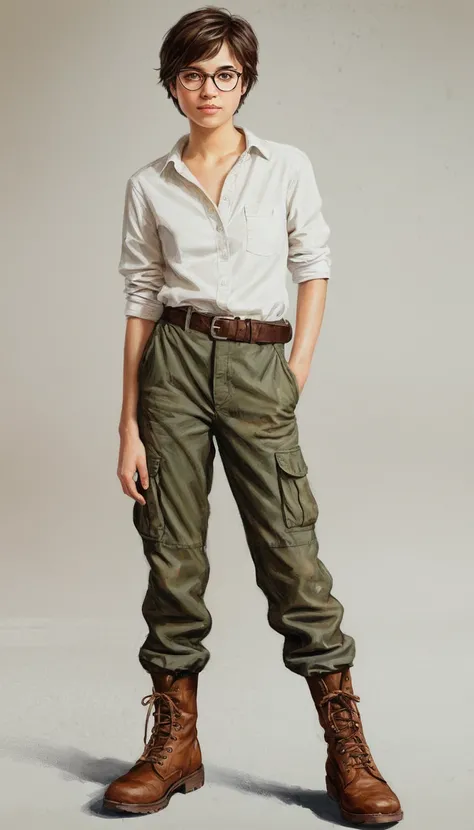 An illustrated movie poster, hand-drawn, full color, a young girl in glasses with nice soft natural extra tiny junior breast, wearing a classic white shirt on naked body, camuflage cargo pants and military boots, warm brown complexion, jade dark-brown eyes...