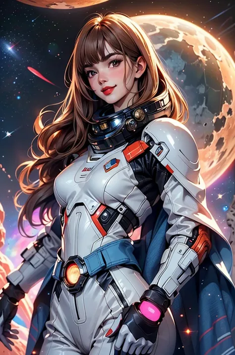 High-quality realistic acrylic art, VIVID COLORS, back point a view, a beautiful vintage european woman with brown straight hair, bangs, looking at the viewer with suspicious face and a shy smile, red lips, she wears sci-fi light blue metalic space suit, h...