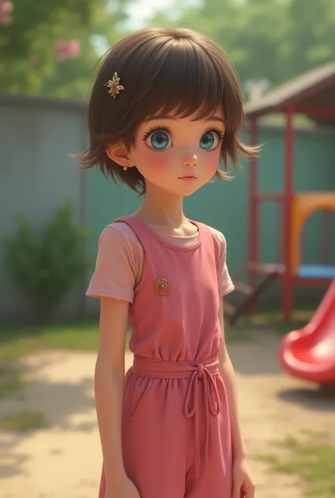 White girl , 10y, 1:4, standing, side view, pink very tight jumpsuit, waist cord, short pixie hair, brown hair, small earrings, hair pin, blue eyes, shy, playground, ren in background