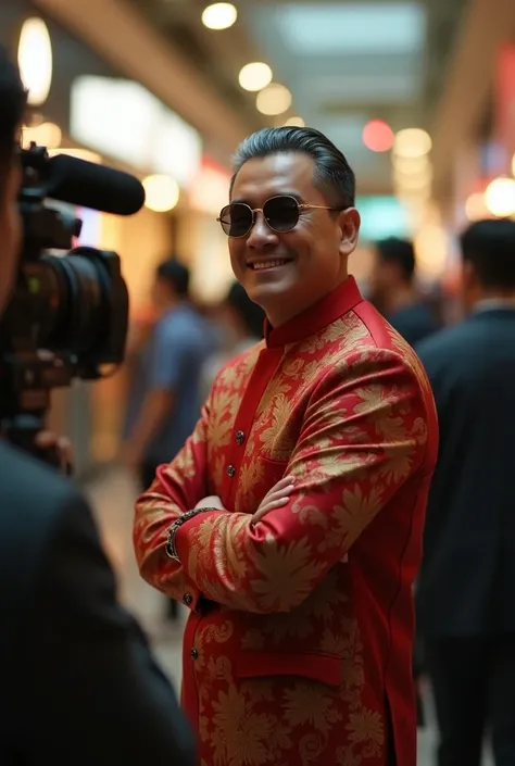 ( full body)"Hyper realistic", natural (clean face)"ultra hd",details,rindering cinematic movie.
An Indonesian coffee marketing man, aged s 35 year,("Thin grey") side part hair cut ,wearing Red/gold(Batik formal Clohtes),"gucci sun glasses".
("is offering ...