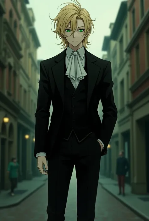  Using the Re :Zero,  create a 25-year-old , Who lives in 2024 ,  but wears formal clothes , of the Victorian era, um All Black. this being,  has long blond hair , messy... light skin...  Green eyes that emanate life . Hes French and a man. Try to make Tap...