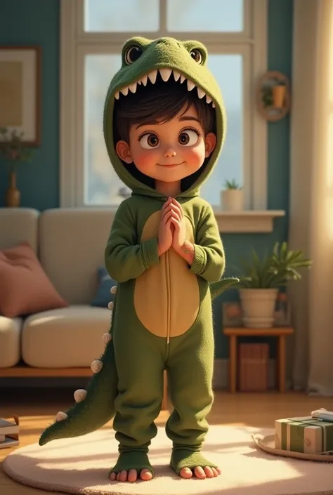 A boy in Tyrannosaurus rex pajamas
