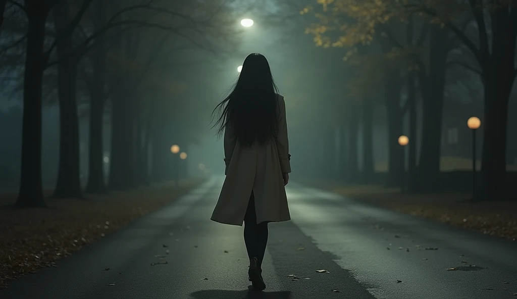 (Full body shot), A girl named Thu wears a beige trunch coat.., Autumn Night Road background  ,dim lighting, long black hair,Walking Lonely 