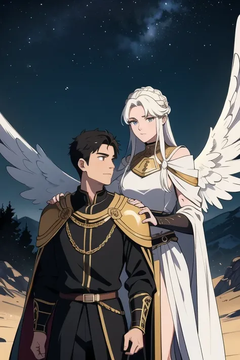 1boy, 1girl, best quality image of the mountainous forest overlooking the twilight, a male Roman Empire soldier in black and gold armor raises his sword upwards, and a beautiful angel from the heavens with white robe and black wings flying downwards toward...