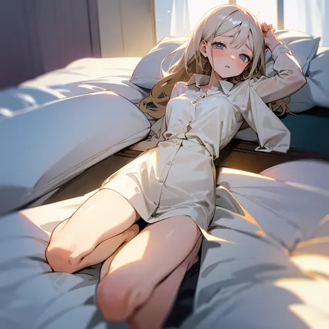 High quality, a lazy adult woman, kawaii, full body, mooning light from the window, lying on ones back, on the bed, hands tied above ones head, white dress shirt, over sized see through shirt, sexy lingeries, white strings panty, shameful face, pale beige ...