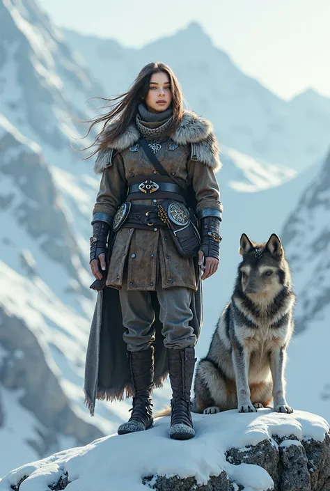 Viking girl on a snowy mountain with a wolf on her feet 