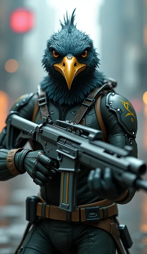 Humanoid Palmeiras Thrush , with cyberpunk ,  aiming with a futuristic machine gun, with eye patch.  blurry cyberpunk style background 