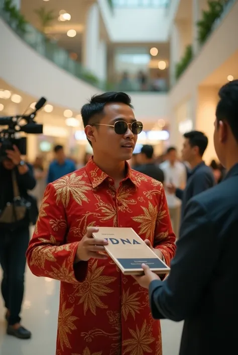 ( full body)"Hyper realistic", natural (clean face)"ultra hd",details,rindering cinematic movie.
An Indonesian coffee marketing man, aged s 35 year,("Thin black") side part hair cut ,wearing Red/gold(Batik formal Clohtes),"gucci sun glasses".
"is offering ...