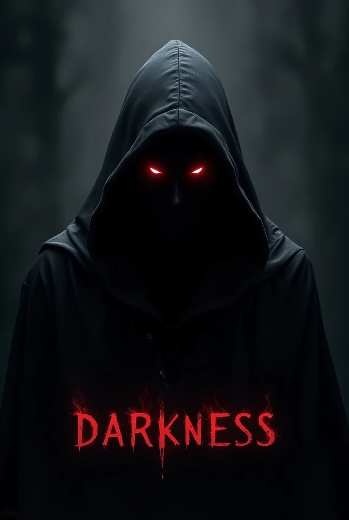 Logo with a hooded character related to darkness with red eyes shining with the name Darkness TM at the bottom