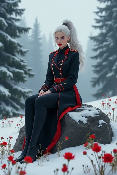  a woman with long, wavy white hair tied in a ponytail , with violet eyes ,  and a red lipstick wearing a generals black and red generals outfit, She is sitting on a rock ,   its snowing and around there are very large pine trees ,  on the ground she has s...