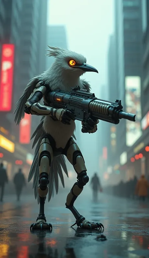 Humanoid Palmeiras Thrush , with cyberpunk ,  aiming with a futuristic machine gun.  blurry cyberpunk style background 