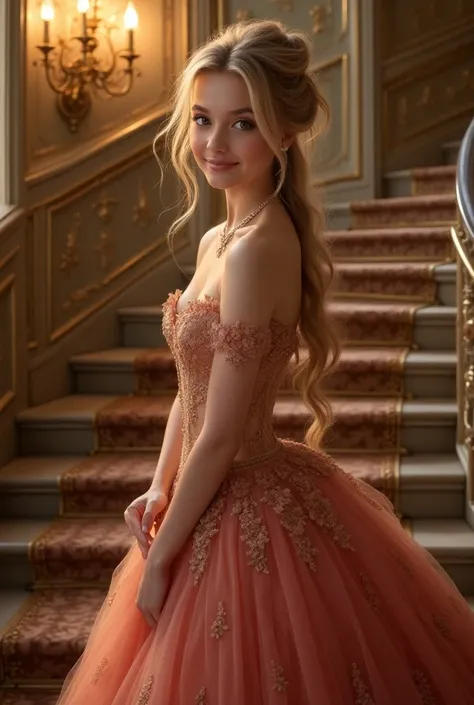 A beautiful young girl of twenty years old wearing a light pink ball gown. She has long blond hair and fair skin complexion. She has hazel eyes. She is standing on a stairs inside a big ballroom. She has a beautiful smile. She is wearing a beautiful neckla...