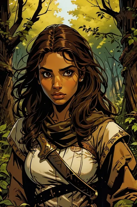 a brown girl with a sword in the woods, face closeup
