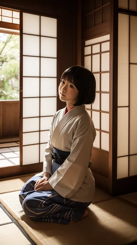 A depiction of a young girl representing the Zashiki-warashi, a folklore creature from Iwate Prefecture. She has a serene yet playful expression, with her hair in a traditional bob cut and wearing an old-fashioned kimono, reflecting the style of a bygone e...