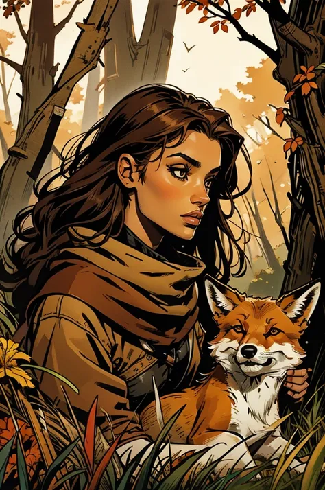 a brown girl with a fox in the woods
