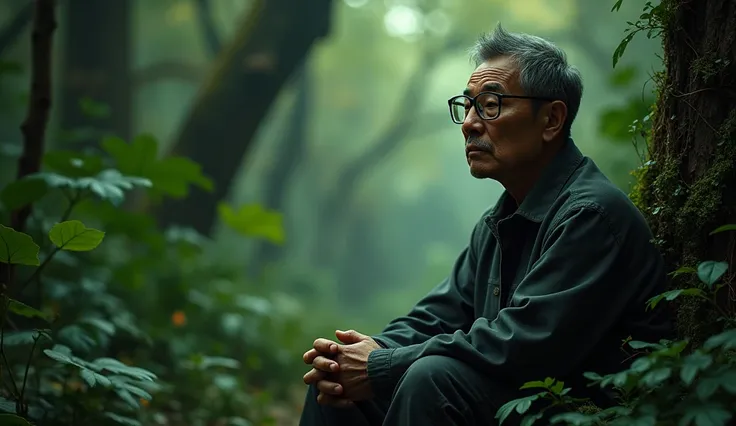 I get a middle-aged Asian man with glasses sitting next to the image in the right corner in a square rich in nature with a sad face