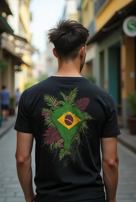 You can create a young man seen from the back with a modern haircut and with a Brazilian t-shirt 