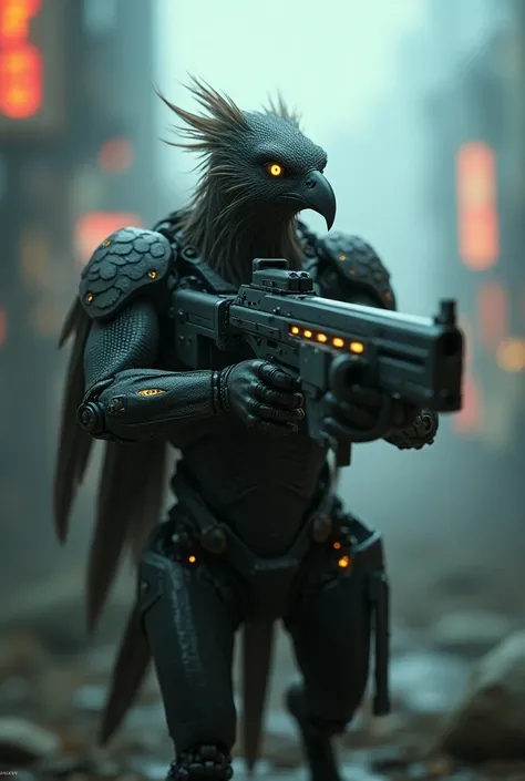 Humanoid Palmeiras Thrush , with cyberpunk ,  aiming with a futuristic machine gun. plain.  blurry cyberpunk style background 