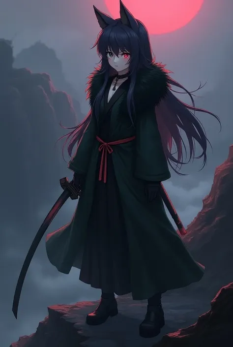 (1 girl, )anime, left eye grey and right eye red, long hair, purplish black hair, Pointy Ears, wolf ears, black furry jacket, carrying a katana, black aura, standing on a cliff, blackholl, High Resolution, Best Quality,  