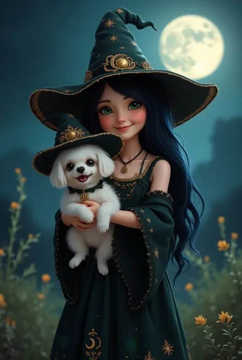 Create a beautiful and smiling white-skinned young witch with long wavy black hair and green eyes wearing a witchs dress and hat with a moon necklace embraced with her white tricolor female shitzu dressed in a happy witchs hat and a necklace with a moon pe...