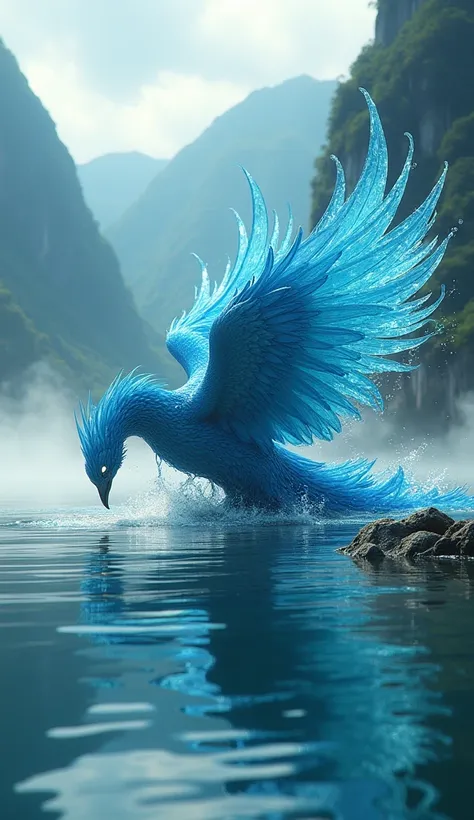 A colossal water phoenix, perched gracefully on the edge of a vast, crystal-clear lake. The phoenix’s iridescent blue and turquoise feathers shimmer like liquid, reflecting the sunlight as it leans down to drink from the water. Its massive wings, made of f...