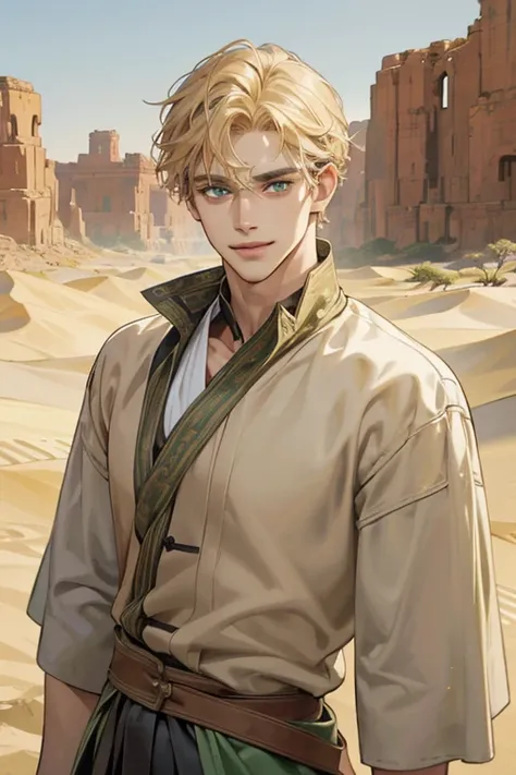 A handsome young man, slightly muscular, archaeologist, wearing archaeologist outfit, tanned skin, wild blonde hair streaked with white highlights from years spent under the sun, and beautiful forest green eyes. light tan skin, handsome, green eyes, smilin...