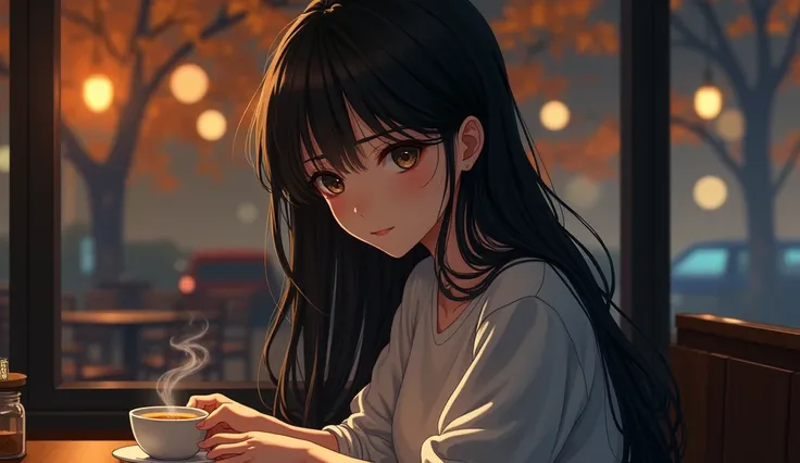 ( side face close-up ), A girl named Thu wears a white shirt.., autumn night cafe background sitting in front of a glass window drinking tea,Dim light , long black hair,lonely expression