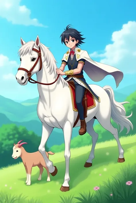 Handsome anime riding a white horse and a little goat