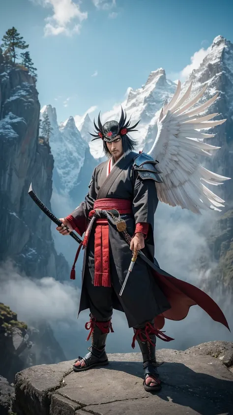 A depiction of a male figure representing the Tengu, a folklore creature from Miyagi Prefecture, facing directly forward. He stands tall and imposing, with a long, sharp nose and fierce, piercing eyes. His expression is stern, conveying both wisdom and pow...