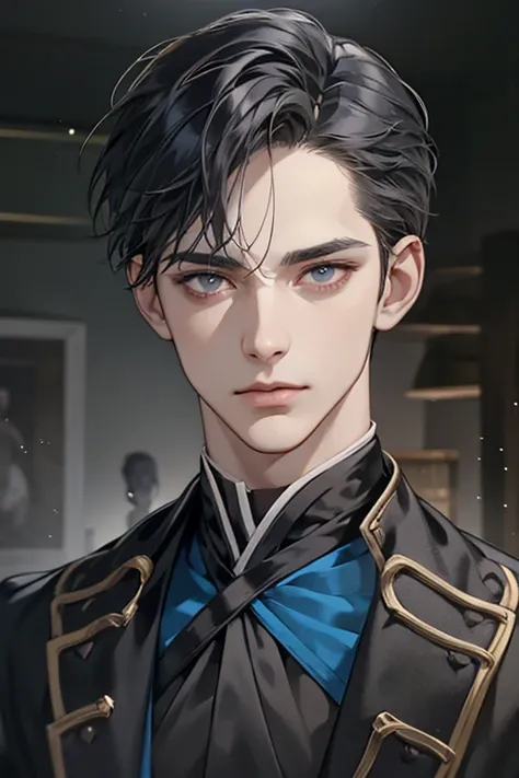 A handsome young man, slim and thin, a magician custodian, wearing a plain magician-custodian outfit, pale skin, long week kept black hair, and grey eyes. pale skin, handsome, grey eyes, neutral expression. Mysterious feeling. Dark and moody background, An...