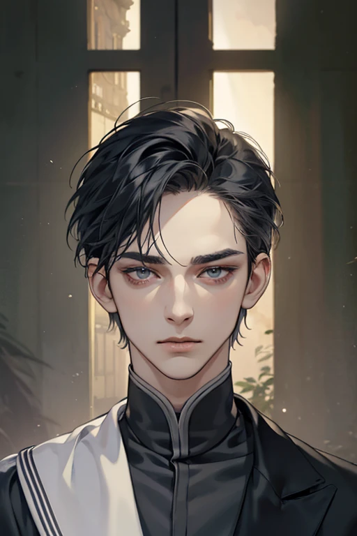 A handsome young man, slim and thin, a magician custodian, wearing a plain magician-custodian outfit, pale skin, long week kept black hair, and grey eyes. pale skin, handsome, grey eyes, neutral expression. Mysterious feeling. Dark and moody background, An...