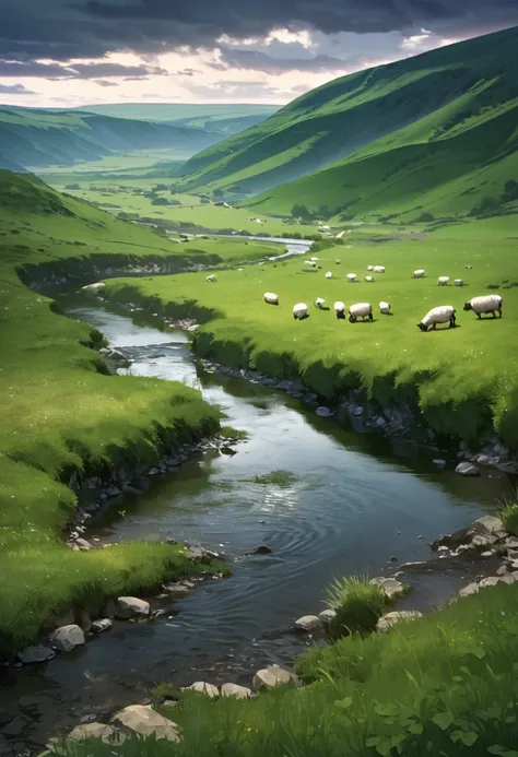  shepherds rest white sheep by the stream, Near a vast green pasture, There is a valley covered with dark clouds in the distance , There&#39;s an abyss beneath the valley, Dark Clouds of the Abyss, HD detailed, Super detailed, Soft light,  deep focus bokeh...