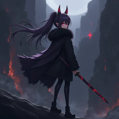 (1 girl, )anime, left eye grey and right eye red, long hair, purplish black hair, Pointy Ears, black furry jacket, carrying a katana, black purple, aura, standing on a cliff, blackholl, High Resolution, Best Quality,  