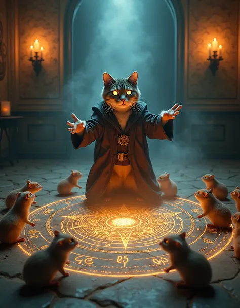 masterpiece, best quality, Photorealistic, realistic, photograph, A cat magician who summons hamsters with lots of candles and a magic circle