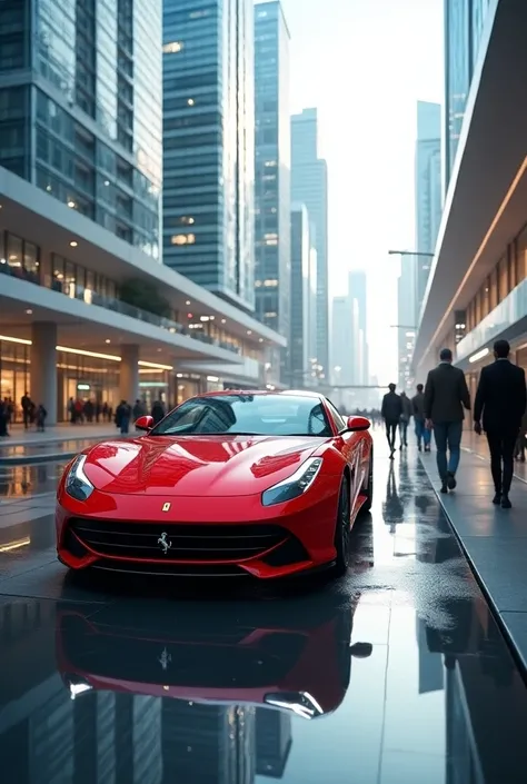 Ferrari car luxury in smart city and people walking nearest 
